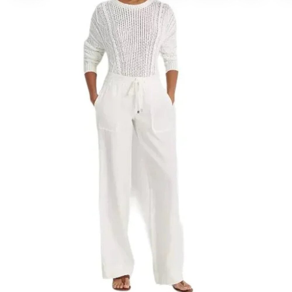 Lauren Ralph Lauren White Wide Leg Linen Pants 12 Petite Lightweight Beach